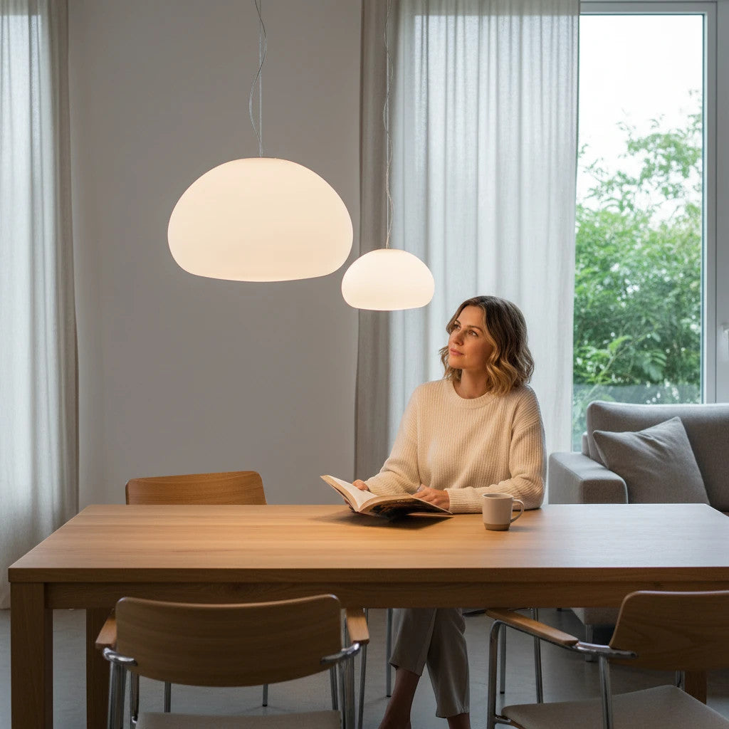 Lysverden SOPP mushroom pendant lamps in opal glass hanging over a wooden dining table with a woman reading a book