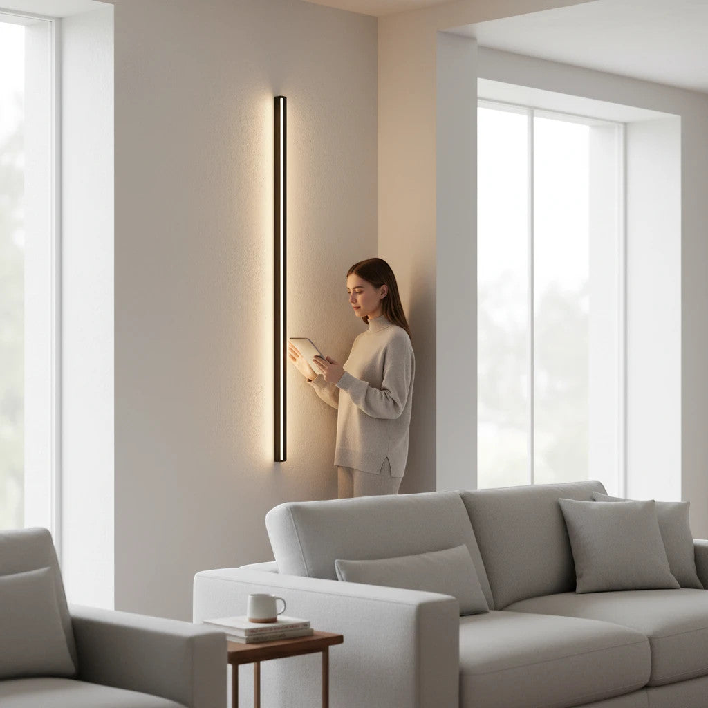 Lysverden minimalist black linear LED wall lamp mounted vertically in a modern living room with a woman reading.
