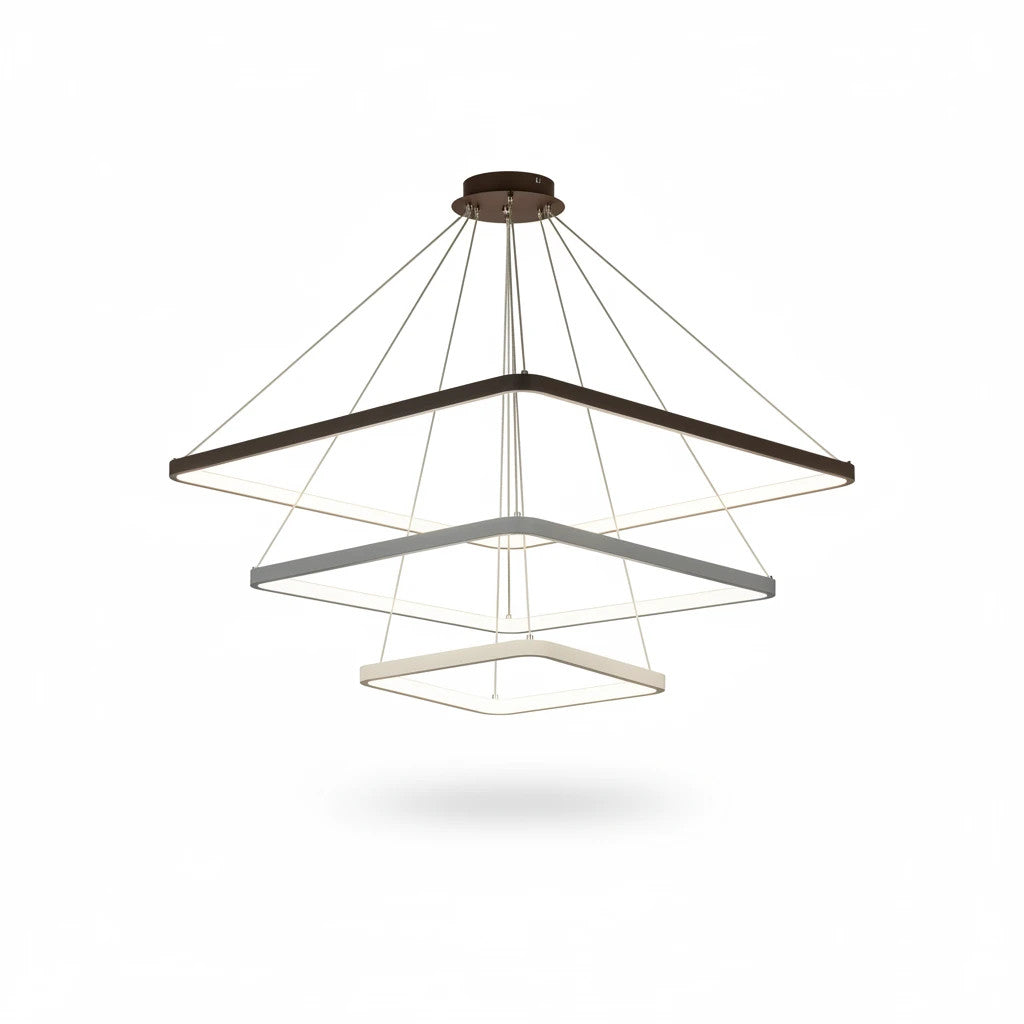 Lysverden square LED pendant light with tiered geometric frames in white, providing warm, diffused ambient lighting.