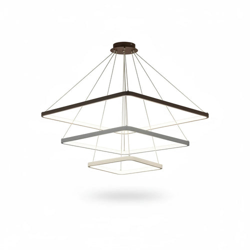 Lysverden square LED pendant light with tiered geometric frames in white, providing warm, diffused ambient lighting.