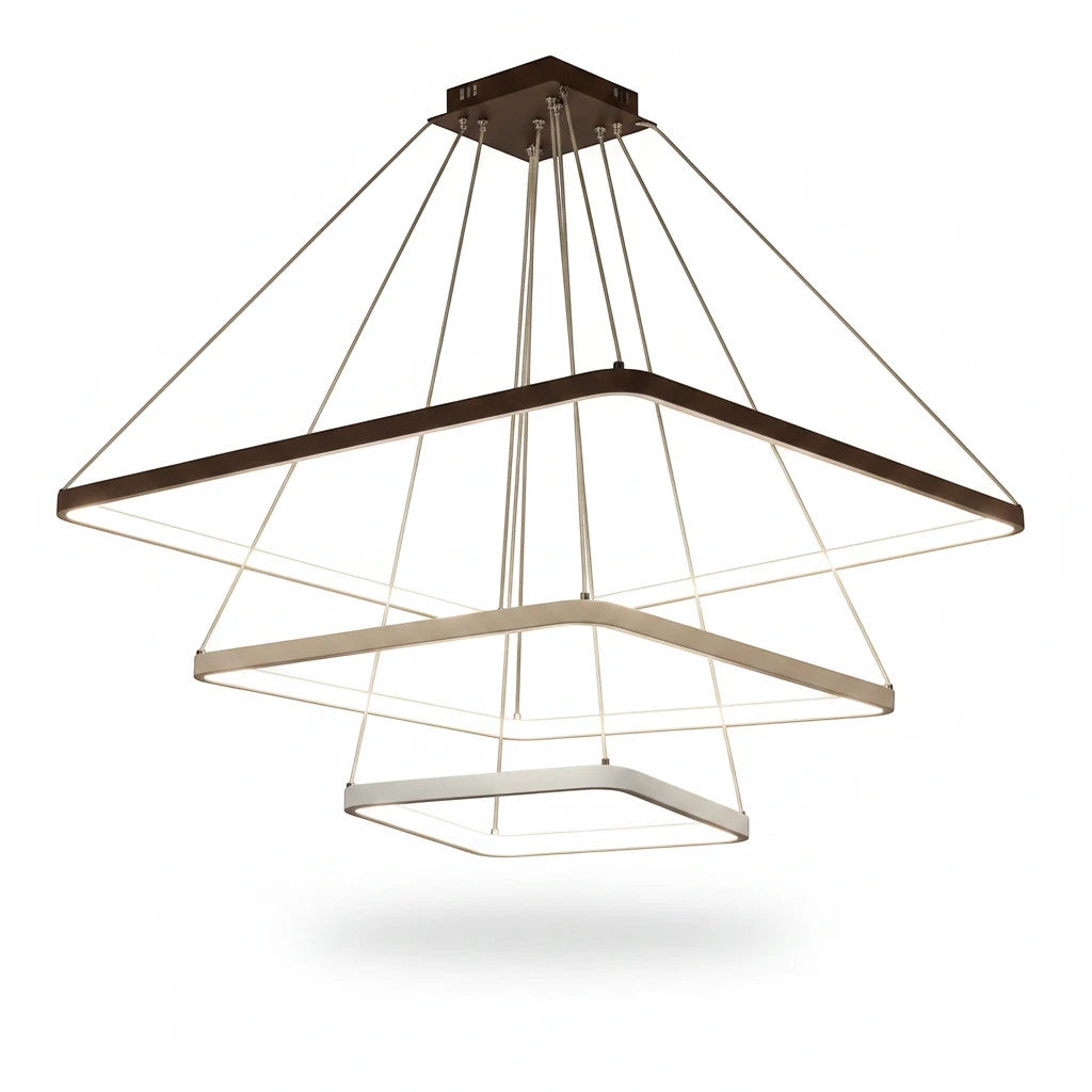 Lysverden modern square LED ring pendant light with tiered white metal frames and warm diffused lighting.