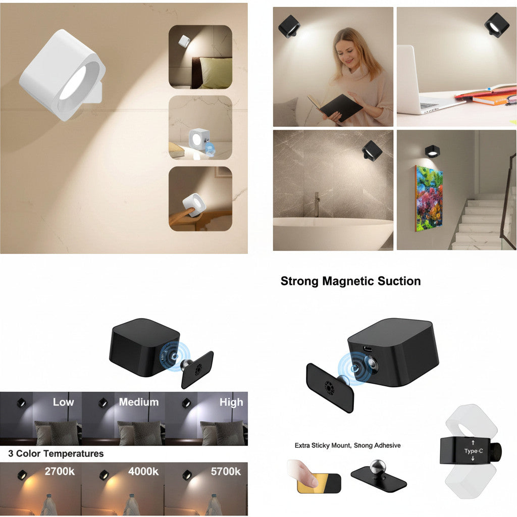Lysverden square LED wall light with touch control, 360° rotation, and remote. Adjustable brightness and color temperature.