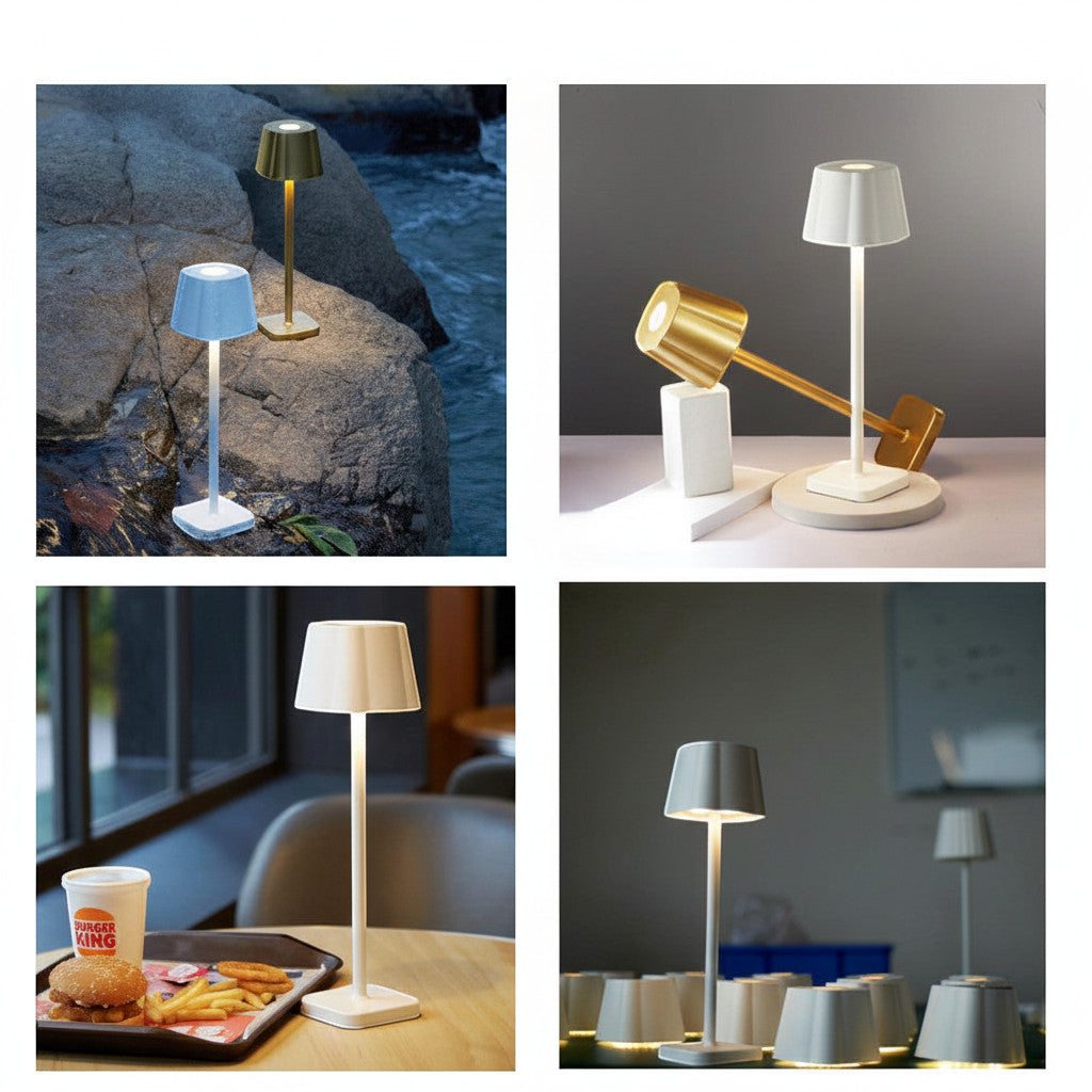 Lysverden cordless square restaurant lamp with touch dimming, 3000K warm light, 5200mAh battery, aluminum and ABS.