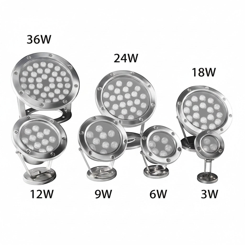 Lysverden stainless steel LED garden spotlights with focused beam, available in 6W, 9W, 12W, 18W, 24W, and 36W. Features 4000K natural white light.