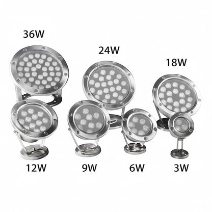 Lysverden stainless steel LED garden spotlights with focused beam, available in 6W, 9W, 12W, 18W, 24W, and 36W.