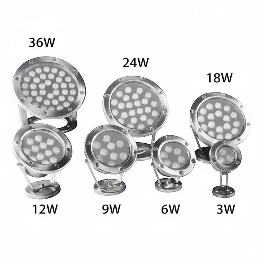 Lysverden stainless steel LED garden spotlights in various wattages (3W-36W) with focused beam for outdoor lighting.