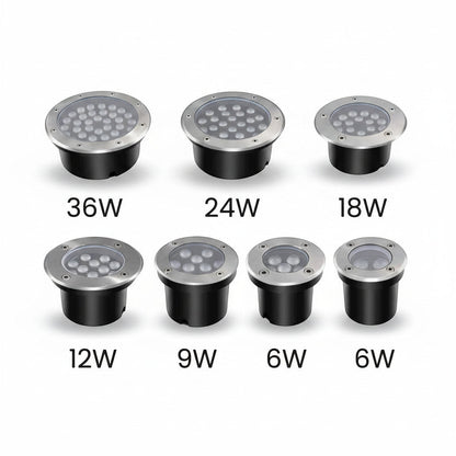 Lysverden stainless steel IP68 LED underwater light for pools and fountains, available in various wattages.
