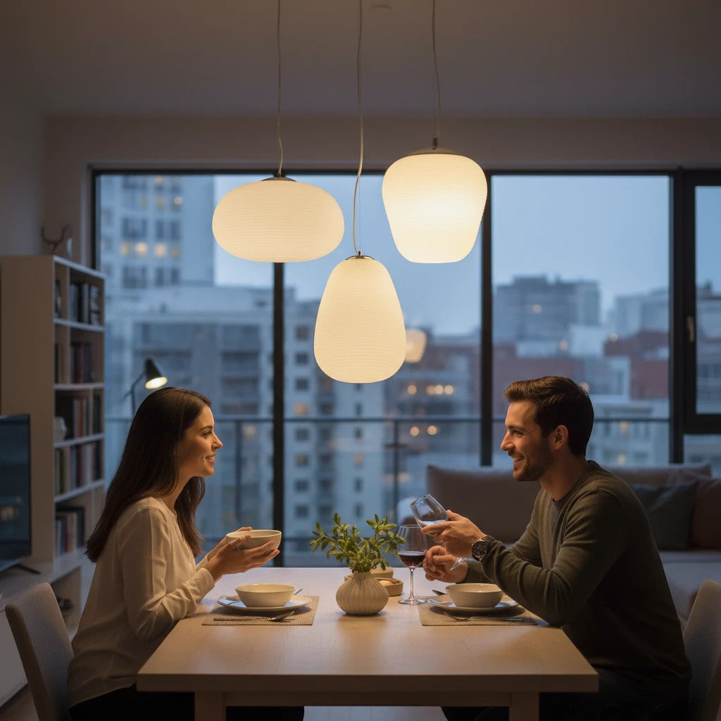 Lysverden Steinpendel organic matte white glass pendant lights hanging in a cluster over a dining table with a couple.