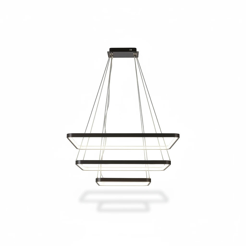 Lysverden modern black square LED pendant light with three tiered geometric rings for dining room lighting