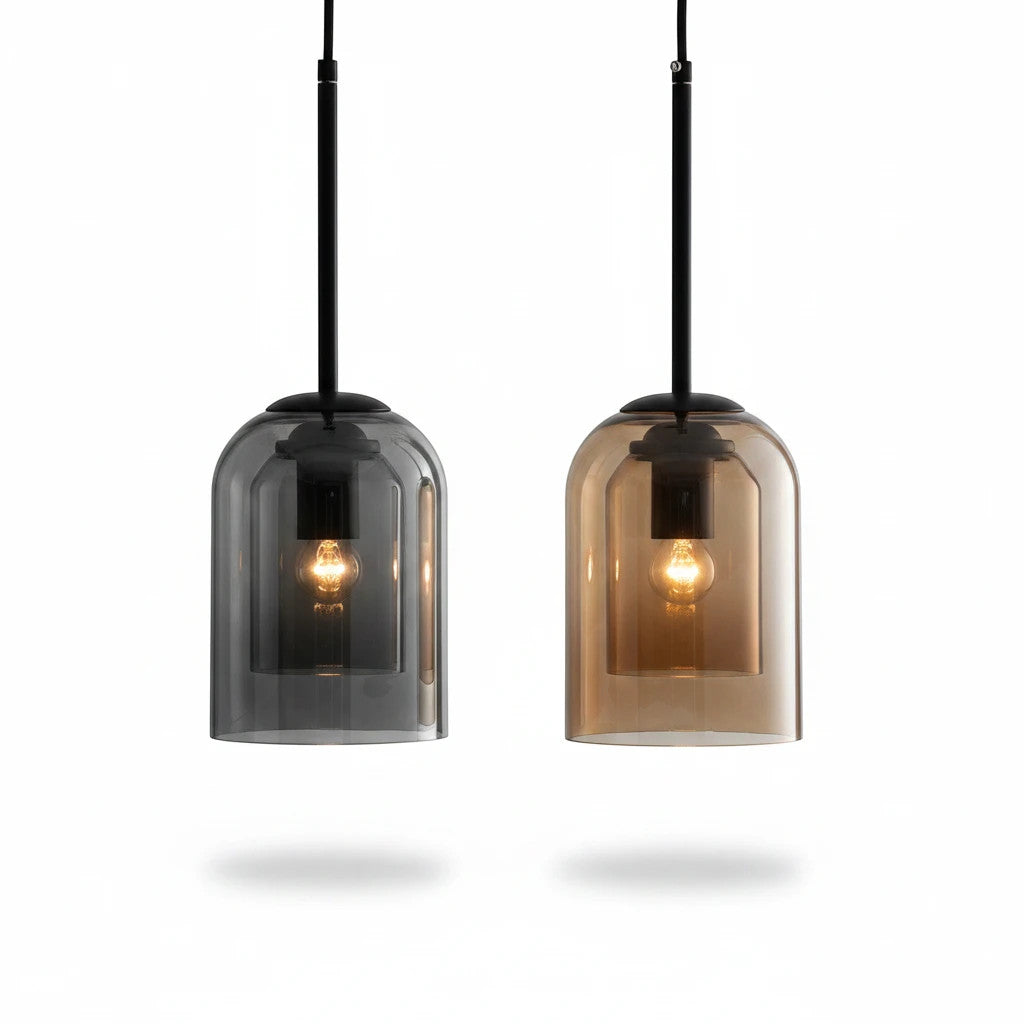 Lysverden SYLINDER pendant lamps with double smoke grey and amber glass shades and black metal fixtures.