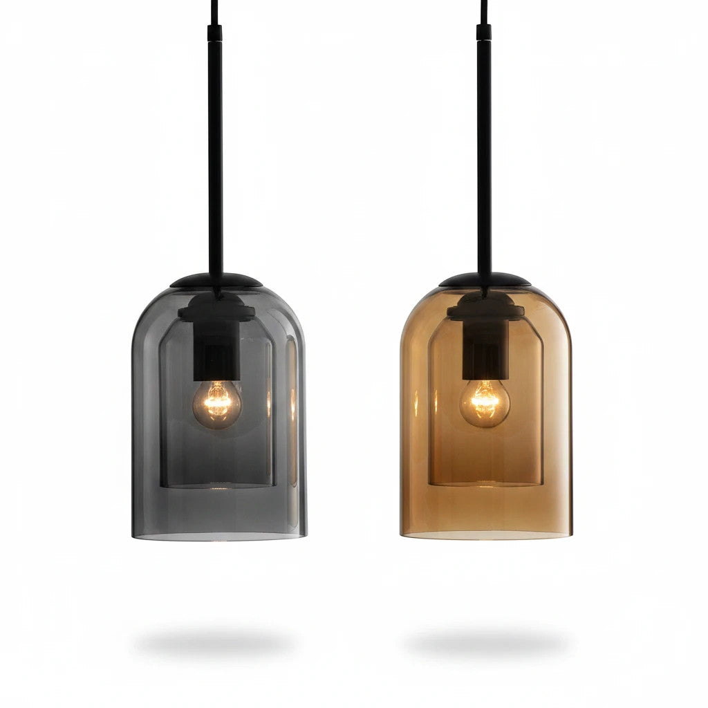 Lysverden SYLINDER pendant lamps with double cylindrical glass shades in smoke grey and amber, featuring black metal.