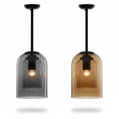 Lysverden SYLINDER pendant lamps with double glass shades in smoke grey and amber glass with black metal fixtures.