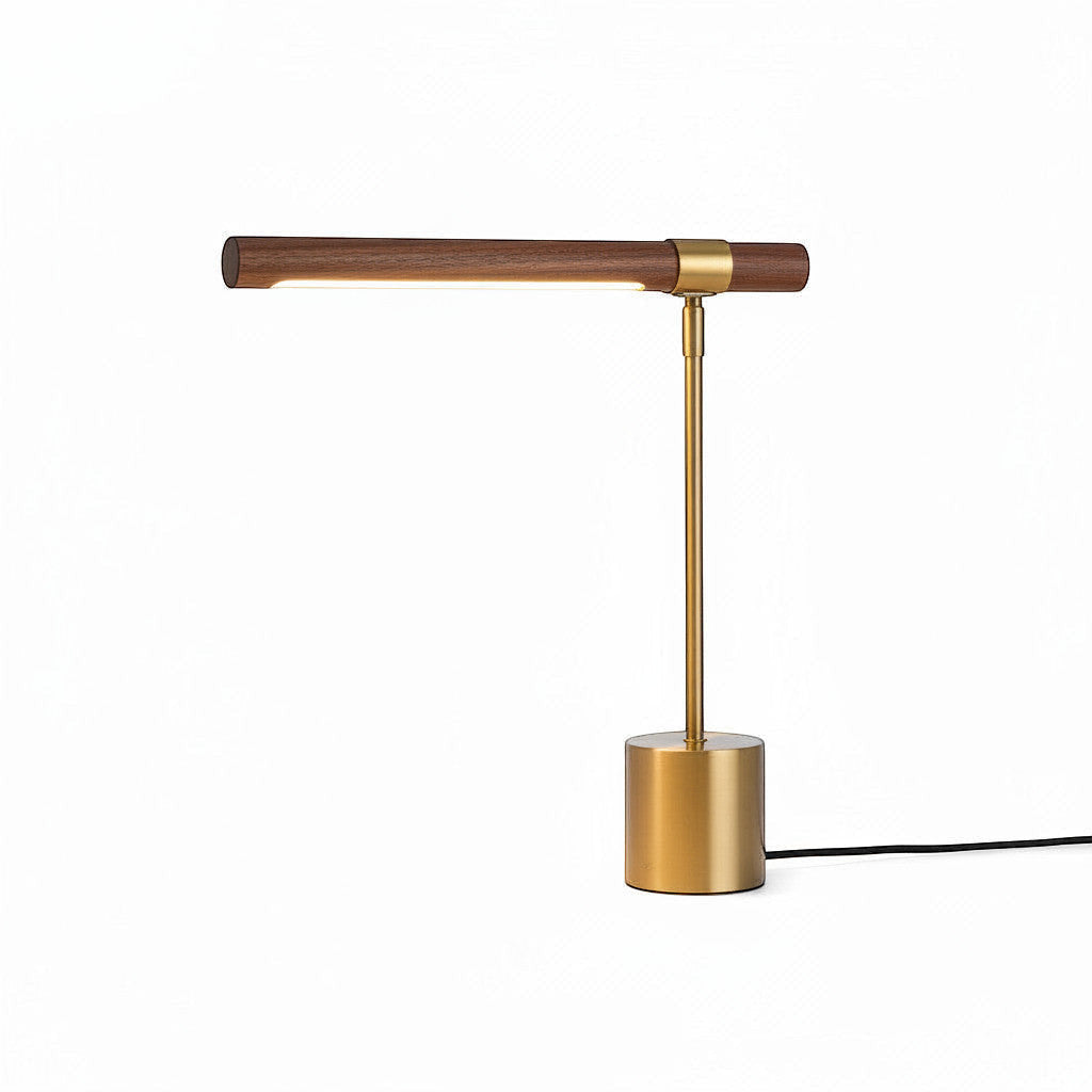 Lysverden T-shaped desk lamp with brass base and wood detail. Adjustable head, E27 socket. Modern design.