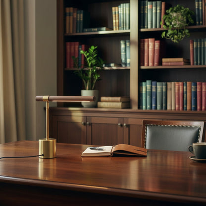 Lysverden T-shaped desk lamp with brass base and wood detail. Adjustable head, E27 socket. Ideal for study or reading.