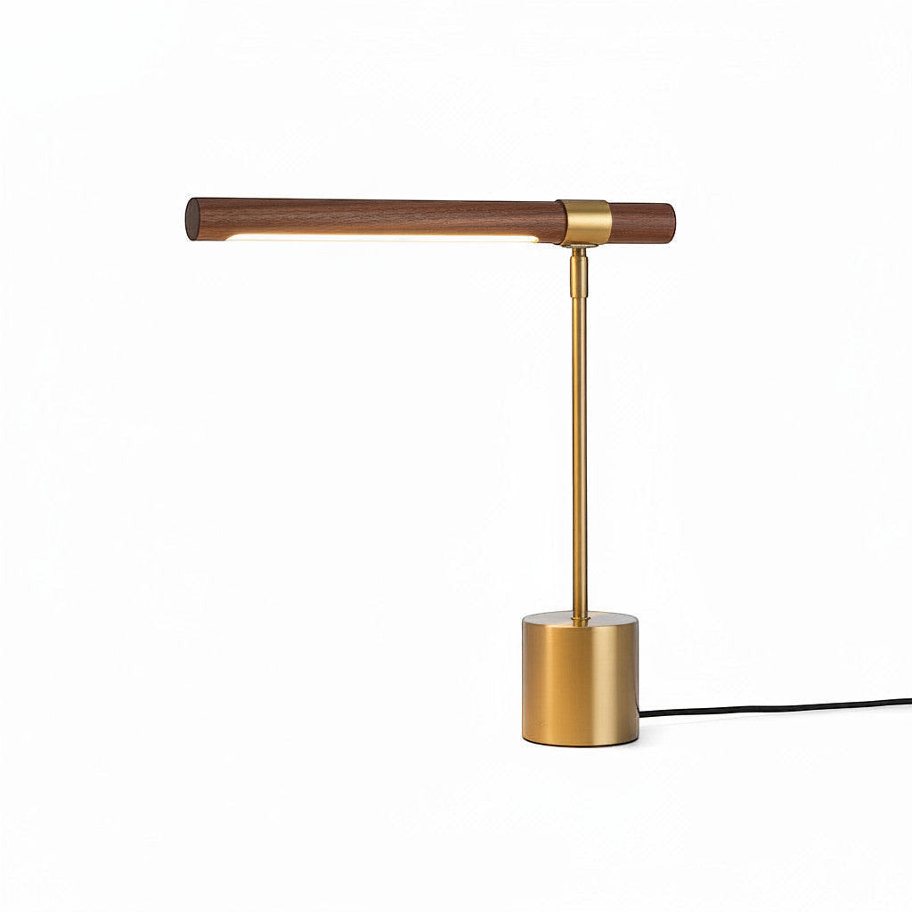 Lysverden T-shaped desk lamp with gold base and wood detail. Adjustable head, E27 socket. Modern design for office or reading nook.