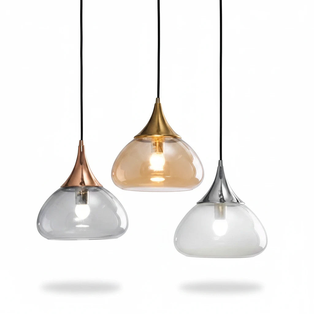 Lysverden teardrop glass pendant lights with gold, rose gold, and silver metal tops hanging in a cluster