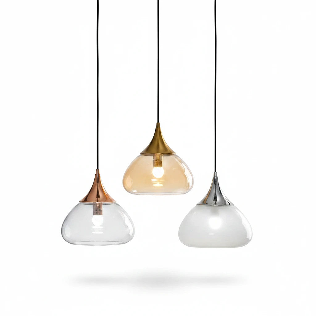 Lysverden set of three teardrop glass pendant lights with gold, rose gold, and silver metal tops on white background