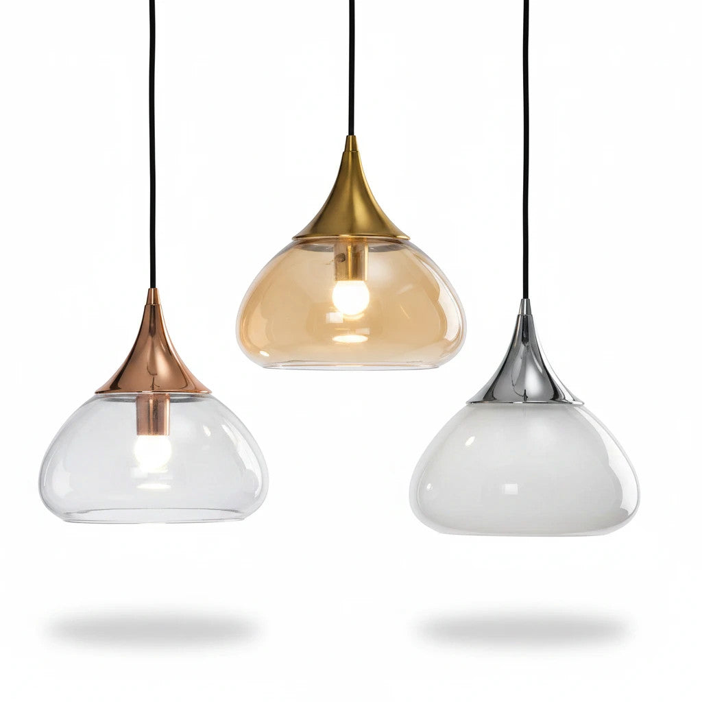 Lysverden teardrop glass pendant lights with gold, rose gold, and silver metal tops hanging in a group.