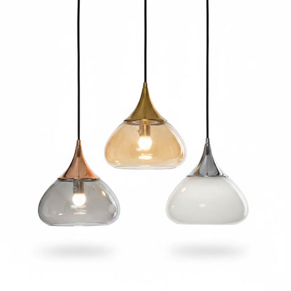 Lysverden glass pendant lights with teardrop-shaped glass shades and gold, rose gold, and silver metal tops.