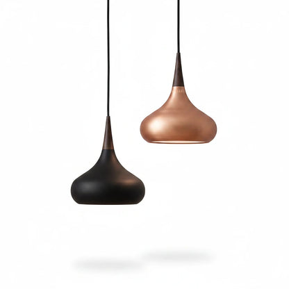 Lysverden teardrop pendant lamps in black and copper metal with wooden accents, hanging against a white background.