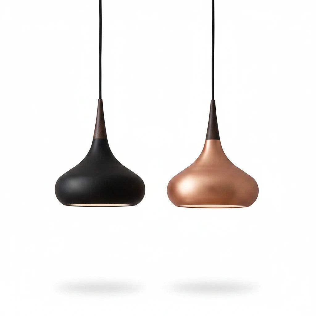 Lysverden teardrop pendant lamps in black and copper metal with wooden top details hanging against a white background.