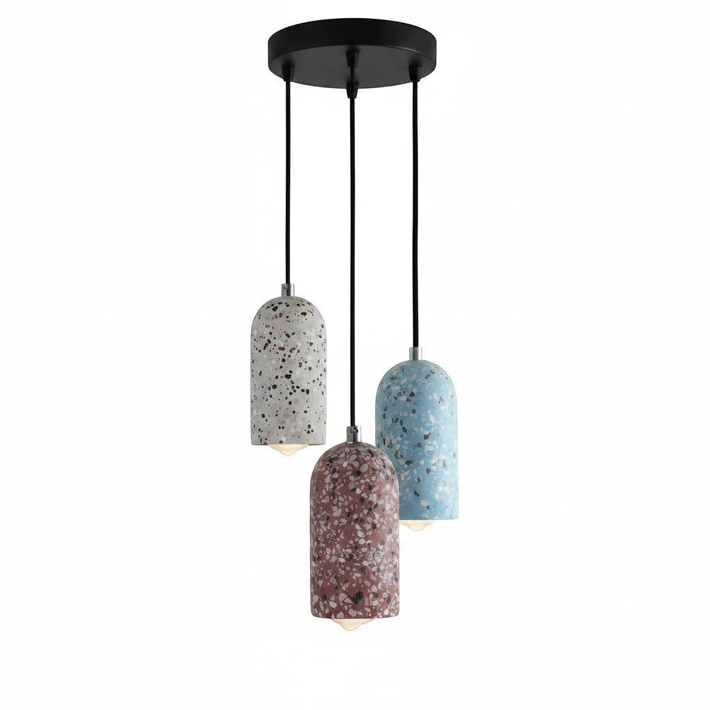 Lysverden TERRAZZO pendant light cluster with three unique concrete terrazzo shades in blue, red, and white patterns.