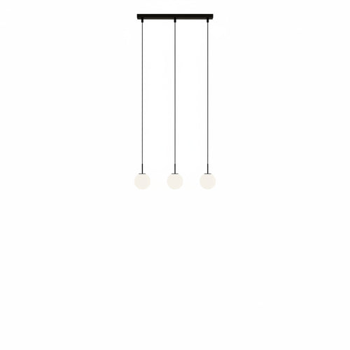 Lysverden modern pendant light with three white glass globes on slim black cylinders hanging from a rectangular base
