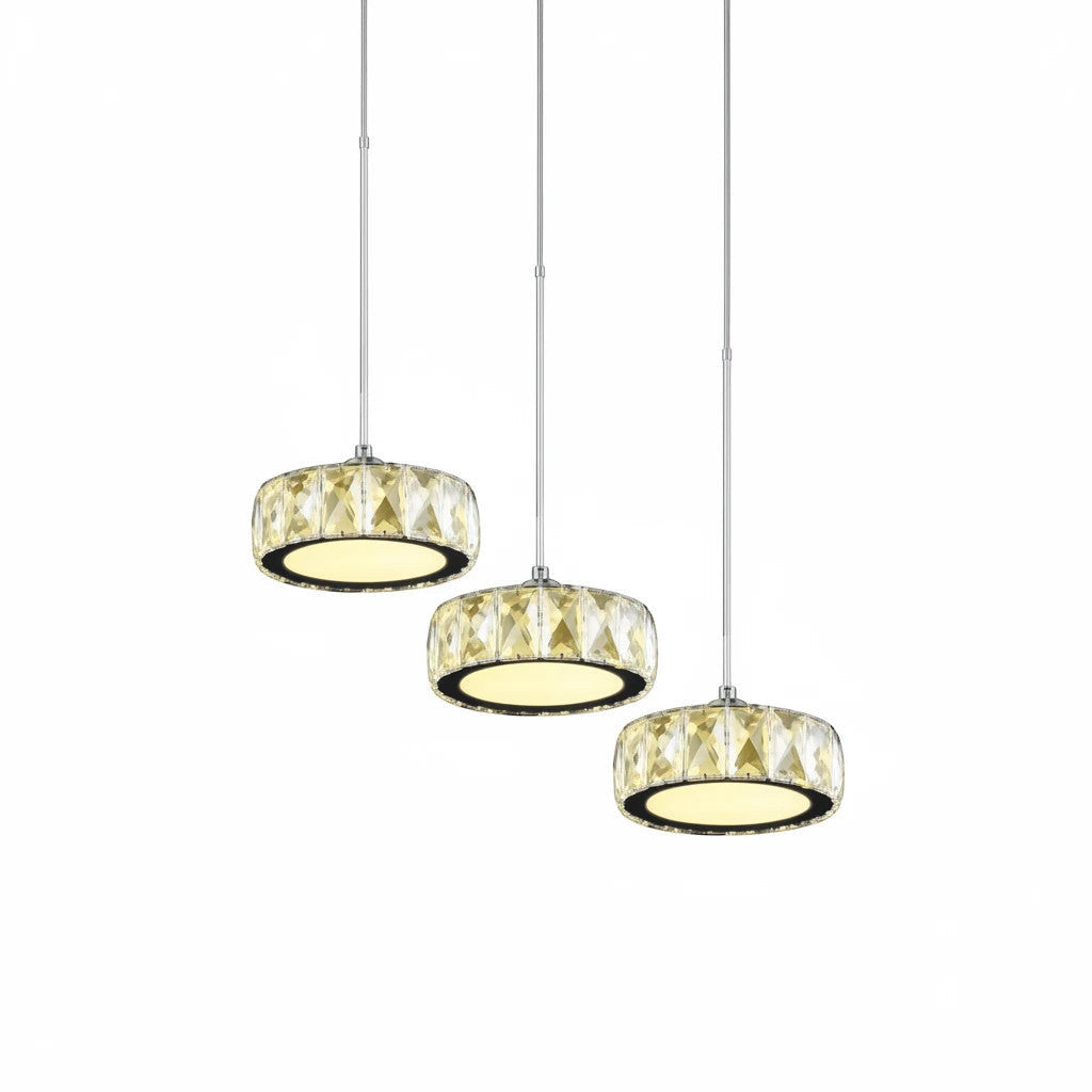Lysverden three-light drum pendant lamp with faceted glass shades and black metal frames for dining room lighting.