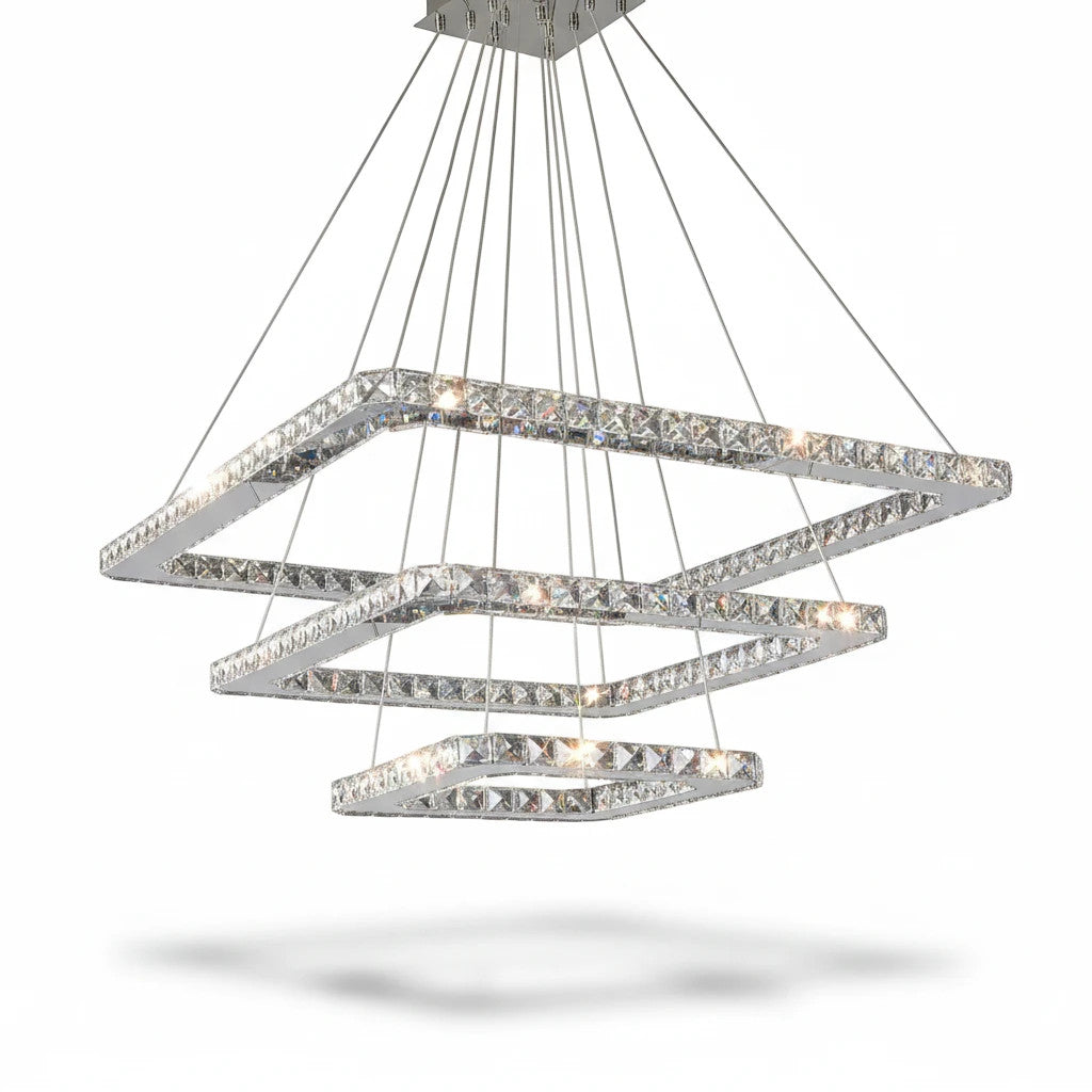 Lysverden tiered square crystal LED pendant chandelier in polished chrome with sparkling glass accents