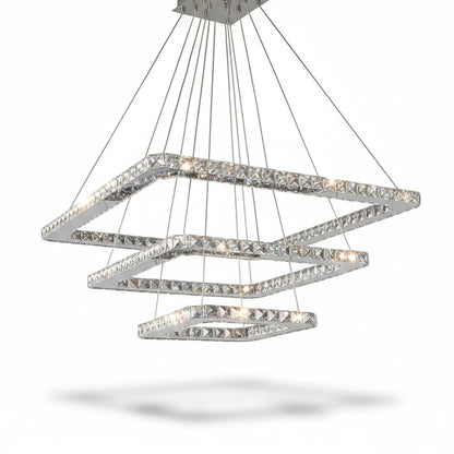 Lysverden tiered square crystal LED pendant chandelier in polished chrome with sparkling glass accents