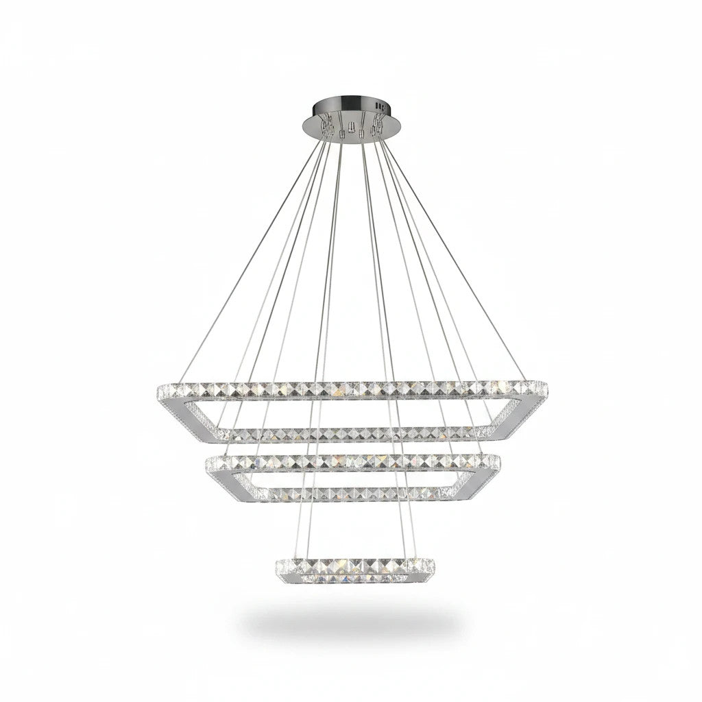 Lysverden tiered square crystal LED pendant chandelier in polished chrome with sparkling glass accents