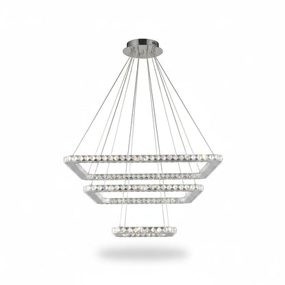 Lysverden tiered square crystal LED pendant chandelier in polished chrome with sparkling glass accents
