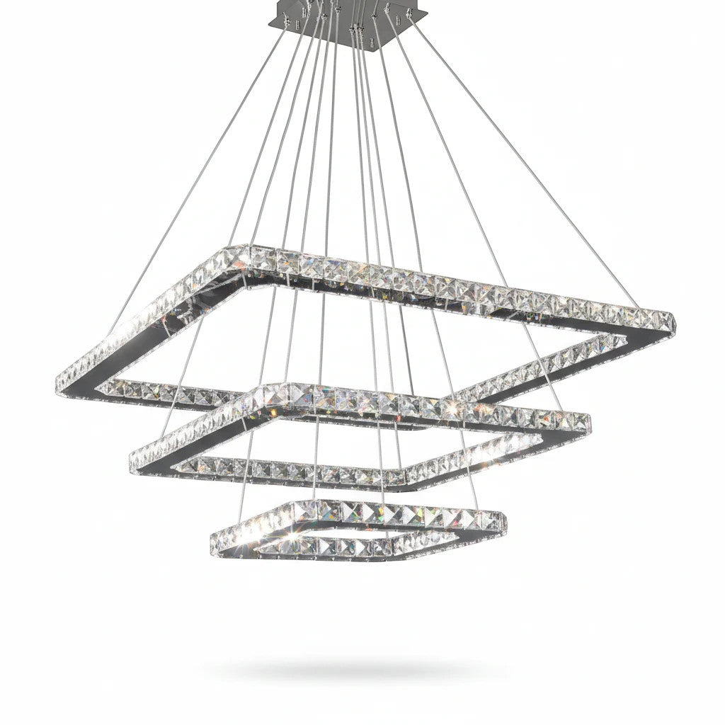 Lysverden tiered square crystal LED pendant light with polished chrome frame and sparkling glass accents