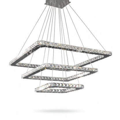 Lysverden tiered square crystal LED pendant light with polished chrome frame and sparkling glass accents