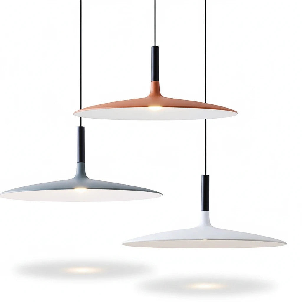 Lysverden modern tilted disc pendant lights in coffee, grey, and white metal with integrated LED downlighting.