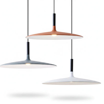 Lysverden modern pendant lights with tilted metal discs in white, grey, and coffee, featuring integrated LED lighting.