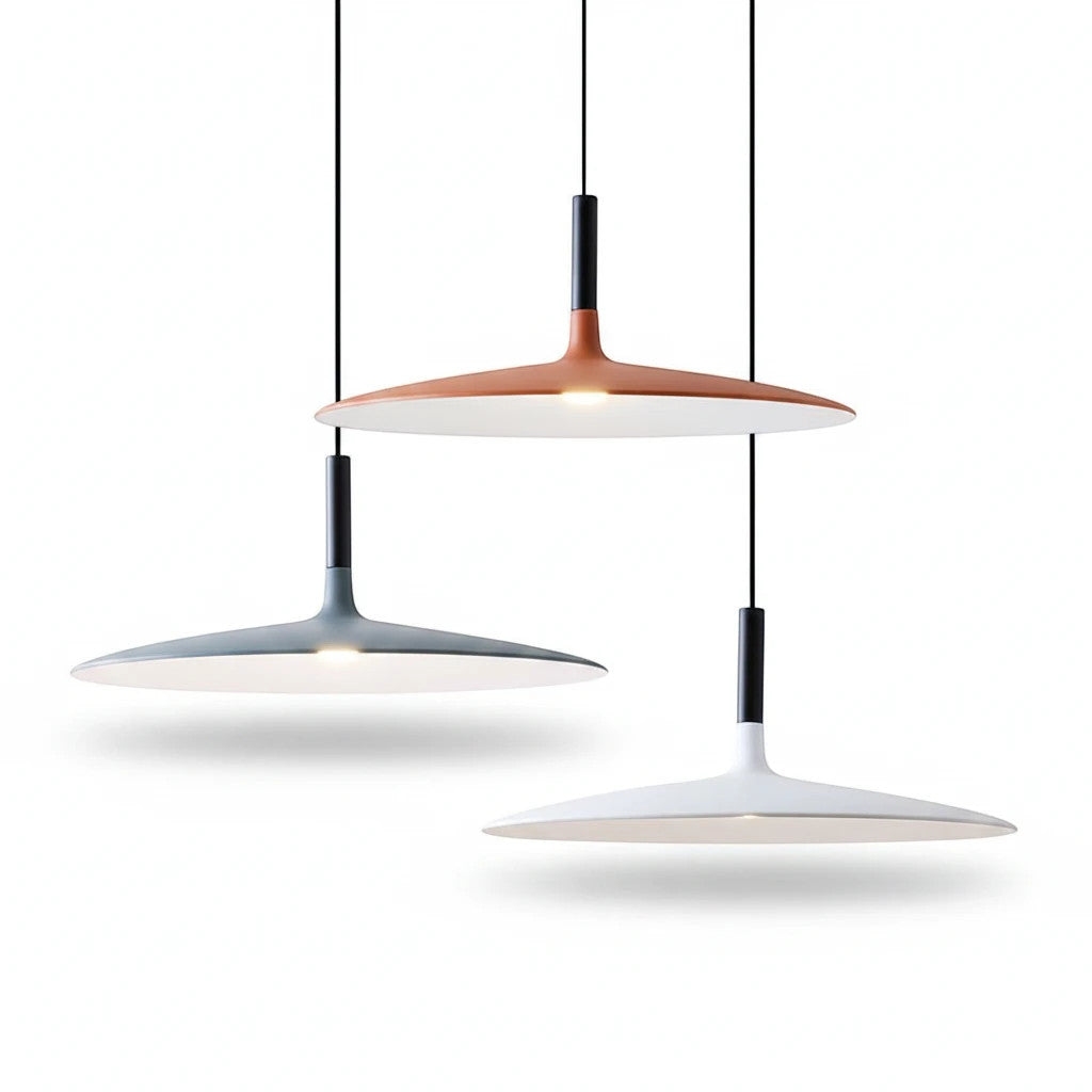 Lysverden modern pendant lights with tilted metal discs in white, grey, and coffee, featuring integrated LED lighting.