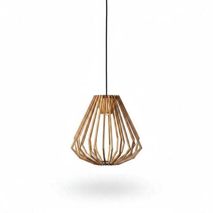 Lysverden LYS Trependel pendant lamp with geometric natural wood slats creating a warm, decorative light effect.