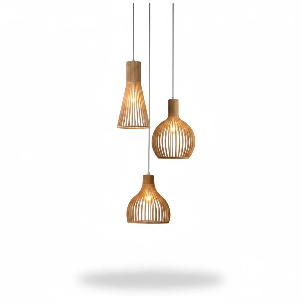 Lysverden Trependel set of three organic wooden slat pendant lights in natural light wood finish for Japandi decor.