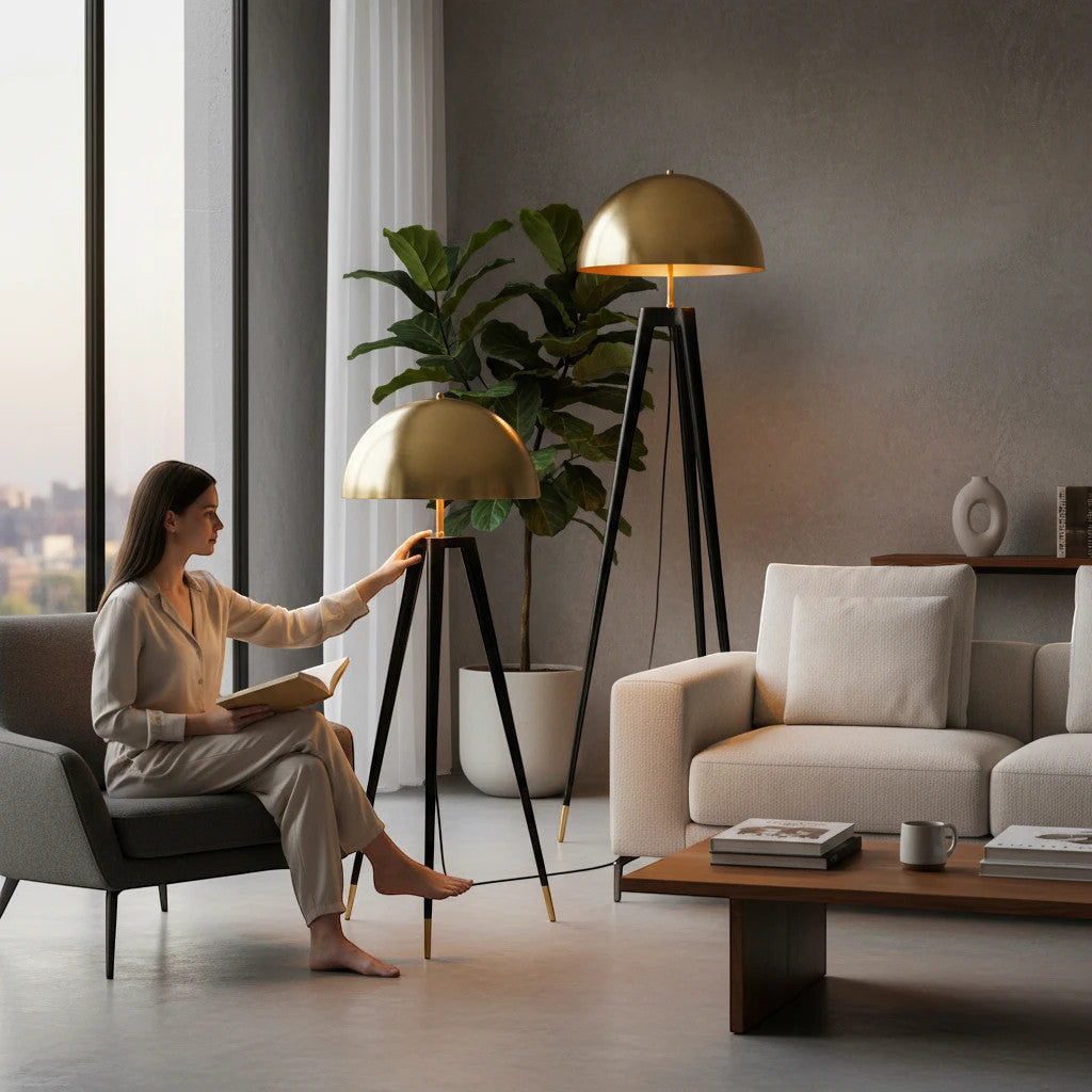 Lysverden tripod floor lamp with a brass dome shade and black legs, placed in a modern living room with a woman.