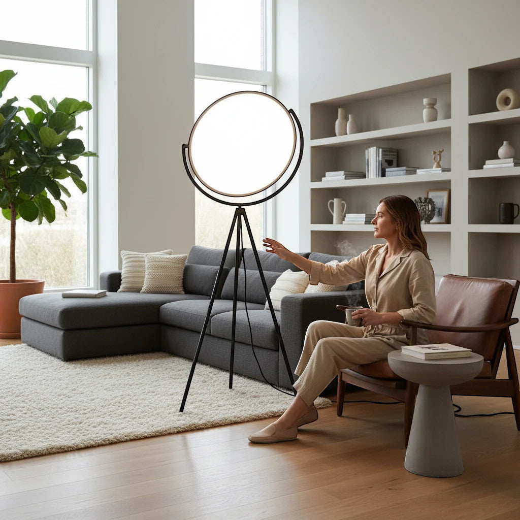 Lysverden tripod floor lamp with a large round LED screen in a modern living room with a woman sitting nearby.