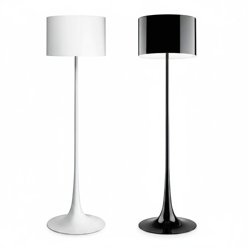 Lysverden floor lamps with tulip base and cylindrical shades in black and white metal, elegant modern design.