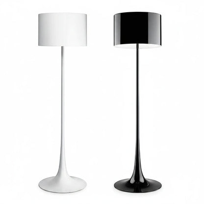 Lysverden floor lamps with tulip base and cylindrical shades in black and white metal, elegant modern design.