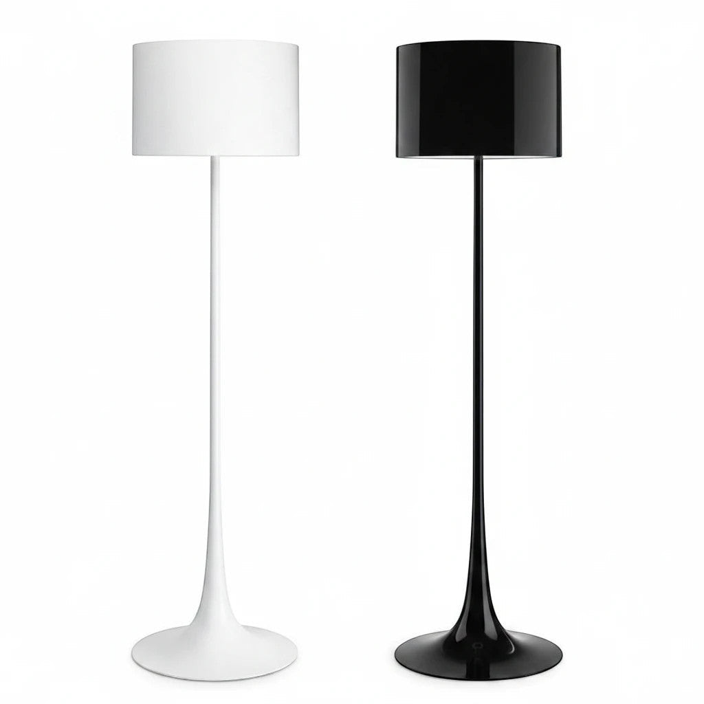 Lysverden floor lamps with tulip bases and cylindrical shades in white and black metal, elegant modern design.