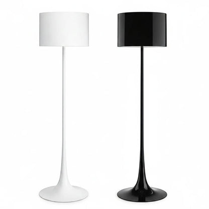 Lysverden floor lamps with tulip bases and cylindrical shades in white and black metal, elegant modern design.