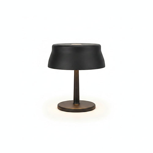 Lysverden black UFO disc-top cordless table lamp with touch control and dimming, aluminum base, iron shade, PMMA. 5200 mAh battery.