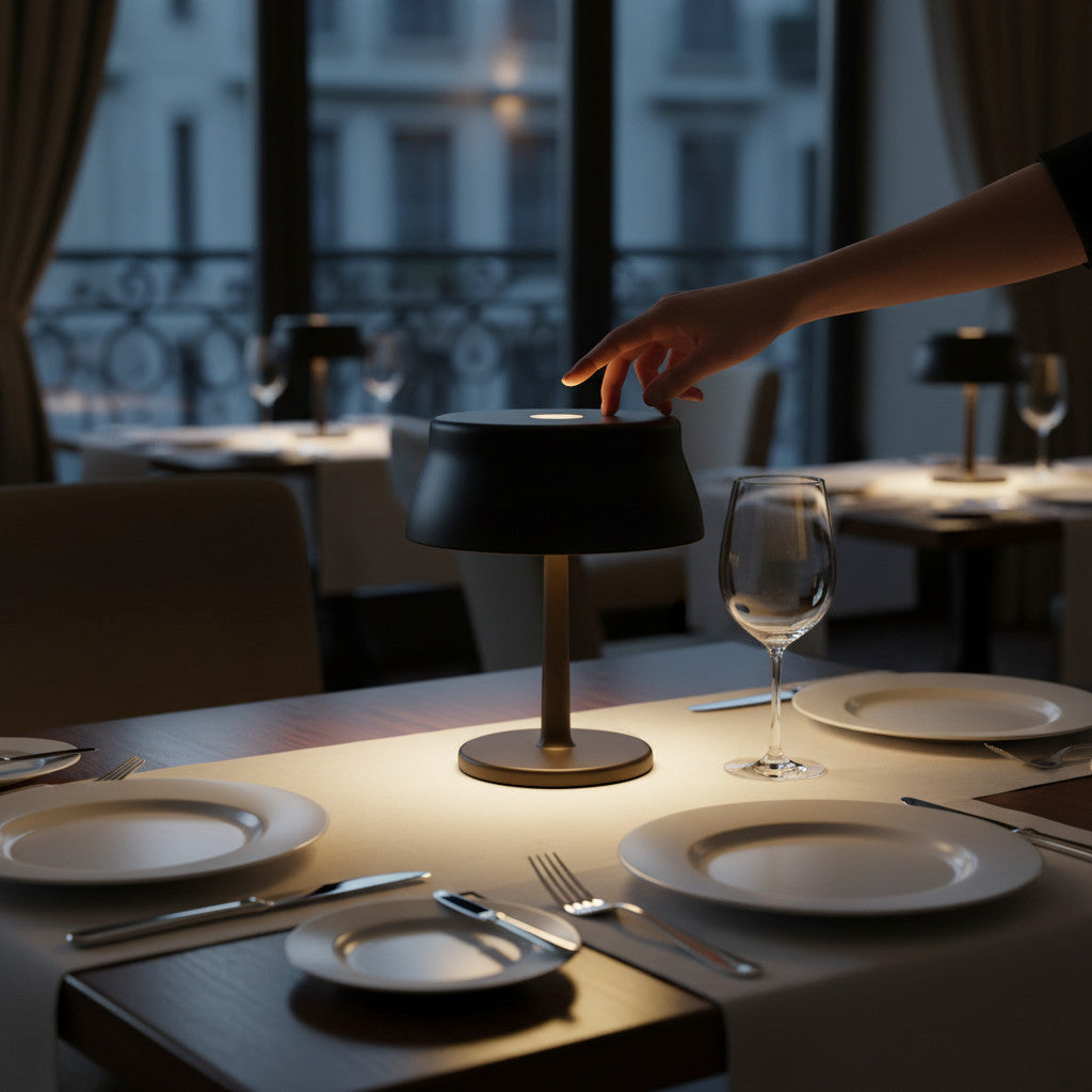 Lysverden black UFO disc-top cordless table lamp with touch control and dimming, aluminum base, iron shade, PMMA.