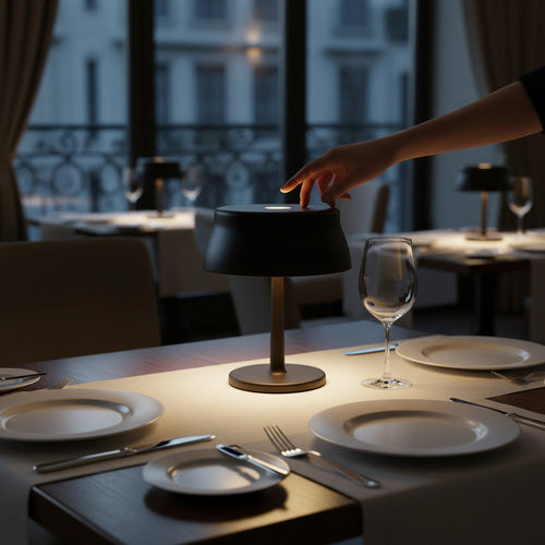 Lysverden black UFO disc-top cordless table lamp with touch control and dimming, aluminum base, iron shade, PMMA.
