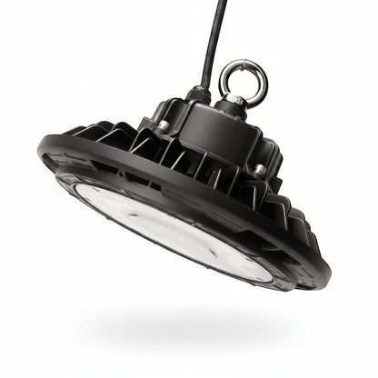 Lysverden black UFO-style LED stadium light with Philips driver, 170 lm/W, IP65 rated, suitable for sports fields and industrial use.