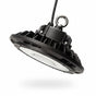 Lysverden black UFO-style LED stadium light with Philips driver, 170 lm/W, IP65 rated, suitable for sports fields and industrial use.
